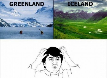 greenland is white, Iceland is green