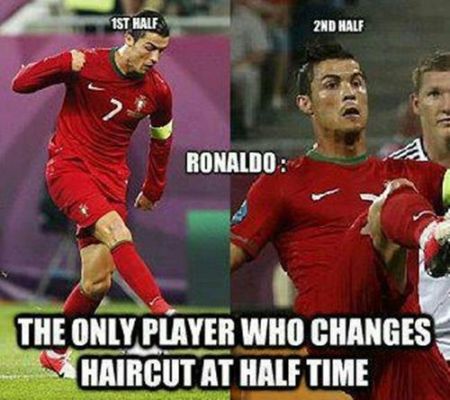 Funny  football/soccer meme -	ronaldo only player who changes haircut at the part-time