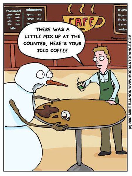 Snowman coffee fail cartoon at PMSLweb.com