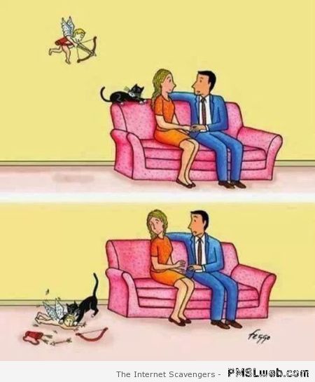 Cat and cupid cartoon- Love humor at PMSLweb.com