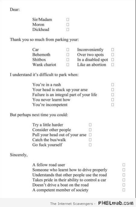 Funny parking complaint form at PMSLweb.com