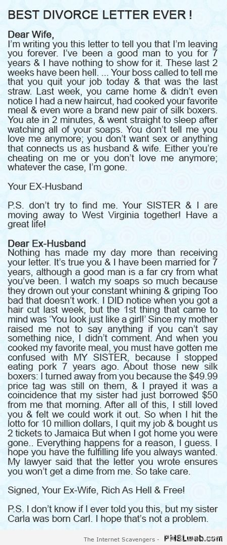 Best divorce letter ever at PMSLweb.com