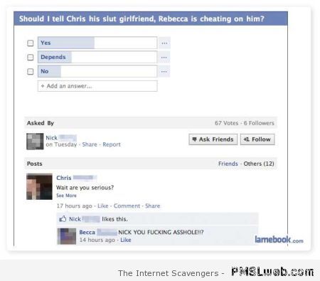Funny Facebook cheating poll at PMSLweb.com