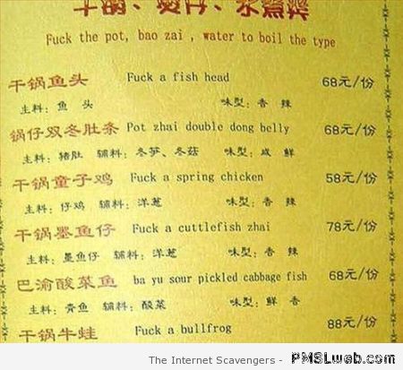 Funny Chinese restaurant menu translation at PMSLweb.com