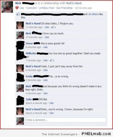 In a relationship with his hand on Facebook – LOL pics at PMSLweb.com