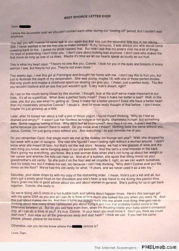 Awesome divorce letter at PMSLweb.com