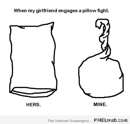 Pillow fight with girlfriend humor at PMSLweb.com