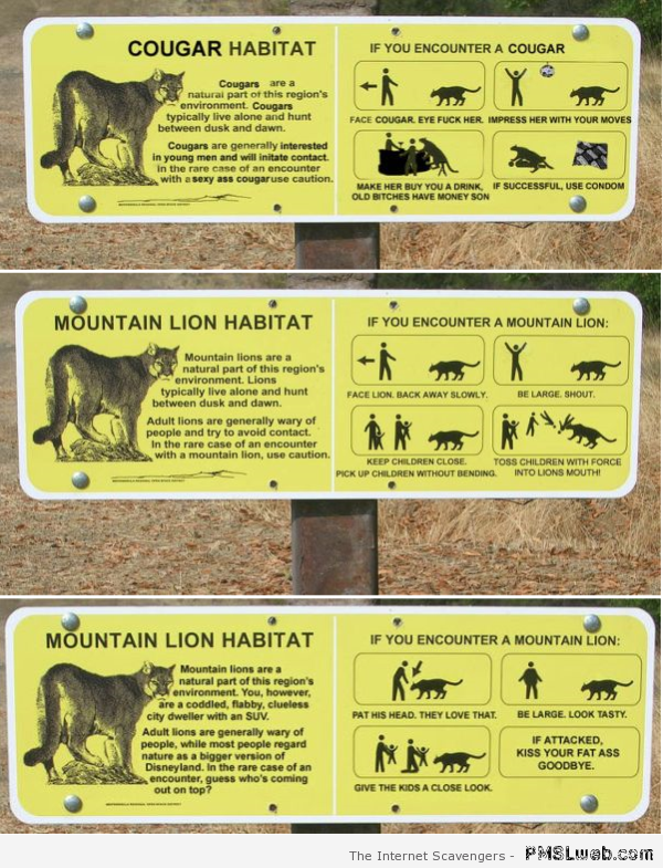 Funny mountain lion habitat signs at PMSLweb.com