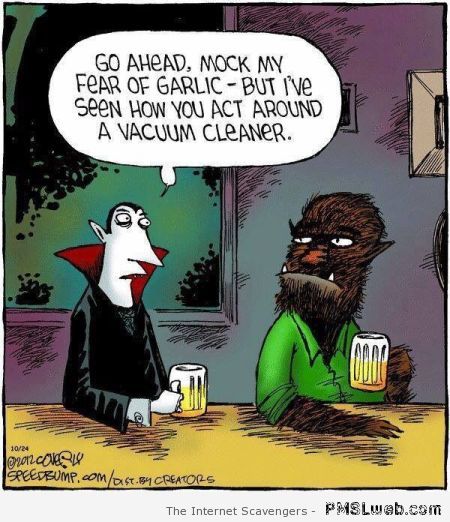 Dracula and werewolf cartoon – Halloween funnies at PMSLweb.com