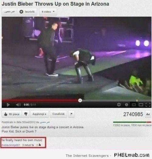 Bieber throws up on stage funny youtube comment at PMSLweb.com