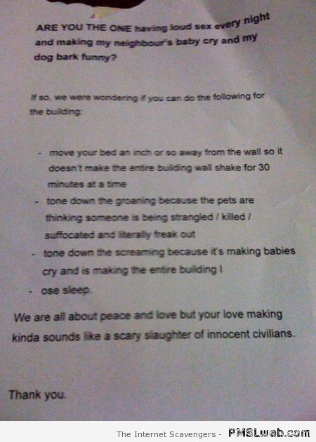 Funny letter to the couple having sex at PMSLweb.com