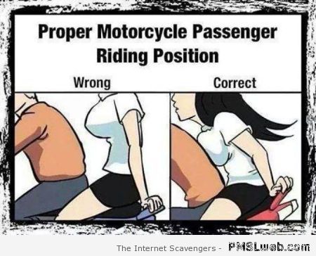 Funny proper motorcycle passenger riding position at PMSLweb.com