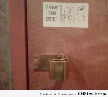 Funny sanitary door opener sign at PMSLweb.com