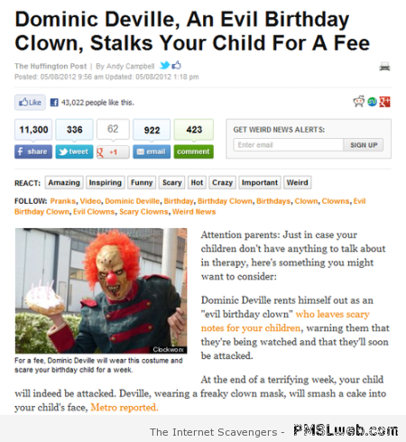 Evil birthday clown stalks your child for free at PMSLweb.com