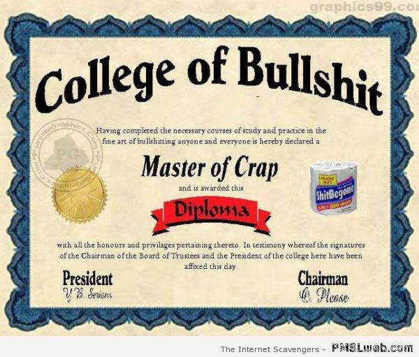 College of bullshit certificate at PMSLweb.com