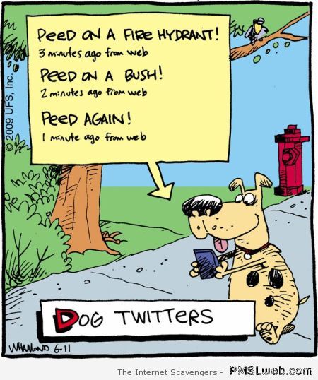 Dog twitters cartoon at PMSLweb.com