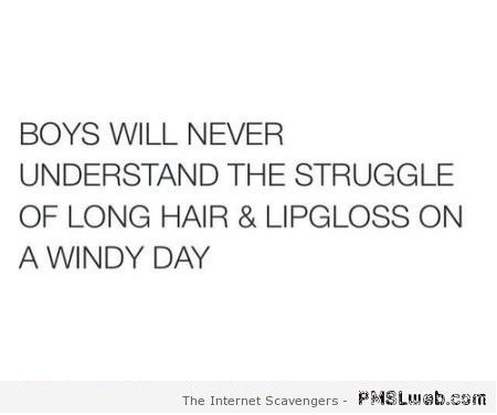 The struggle of long hair and lip gloss on a windy day at PMSLweb.com
