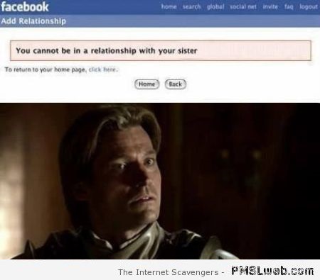 Funny Jaime Lannister Facebook relationship status at PMSLweb.com