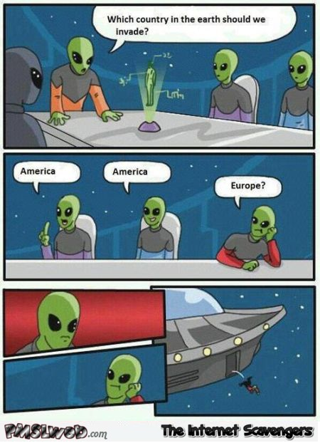 Aliens always invade America funny cartoon at PMSLweb.com