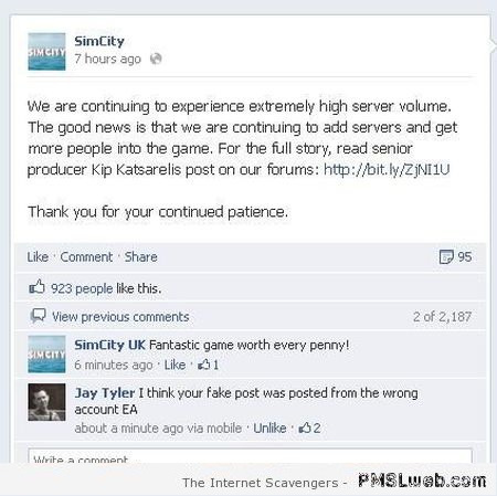 Funny Sim City fake account fail at PMSLweb.com