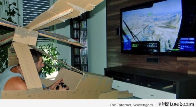 Funny gamer builds cardboard helicopter at PMSLweb.com
