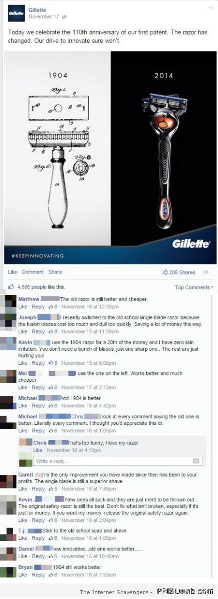 Funny Gillette razor Facebook conversation at PMSLweb.com