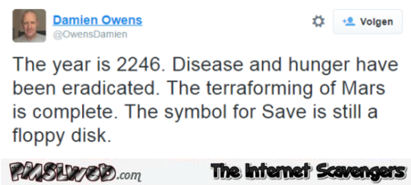 The symbol of save is still a floppy disk in the future humor at PMSLweb.com