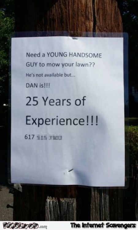 Funny lawn mowing job offer sign at PMSLweb.com