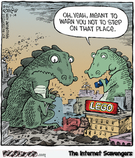 Godzilla stepping on legos funny cartoon @PMSLweb.com