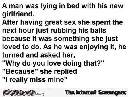 Man and woman in bed balls joke @PMSLweb.com