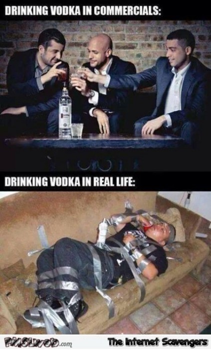 Drinking vodka in commercials versus reality humor