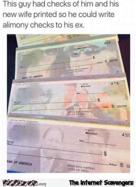 Guy gets checks printed with new wife to piss off ex @PMSLweb.com