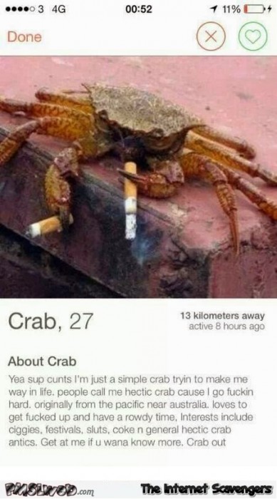 Funny Aussie crab tinder profile