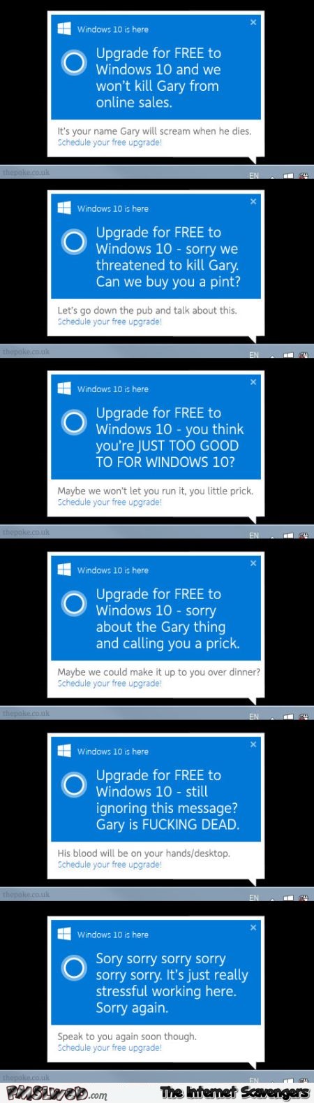 Funny upgrade to Windows 10 messages @PMSLweb.com