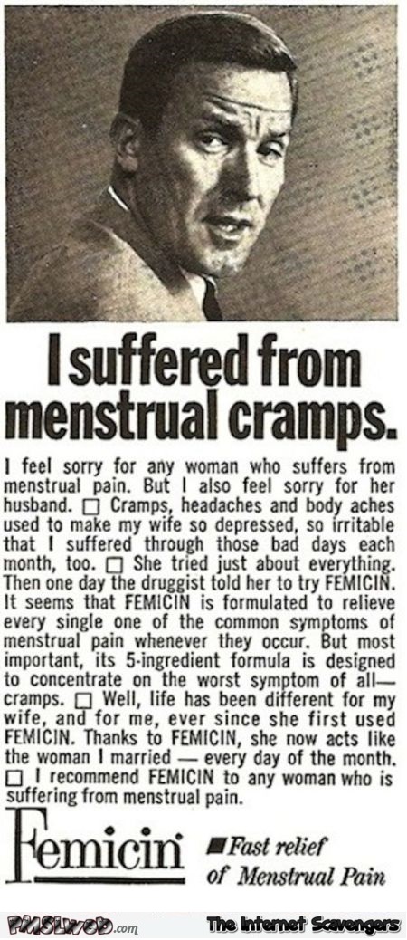 Funny vintage menstrual cramp medication advert @PMSLweb.com