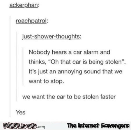Funny car alarm comment @PMSLweb.com