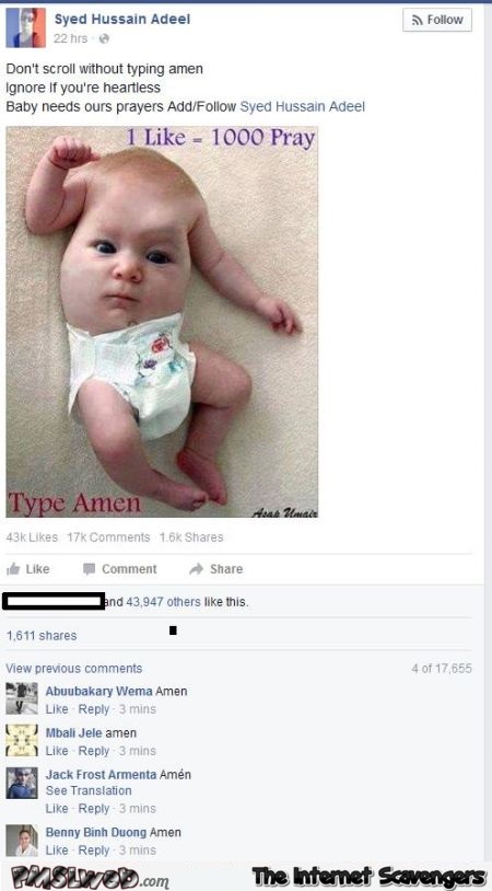 Funny baby needs prayers Facebook fail @PMSLweb.com