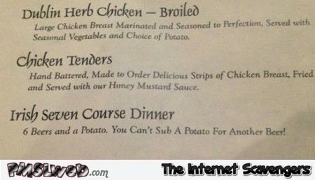 Funny Irish menu @PMSLweb.com
