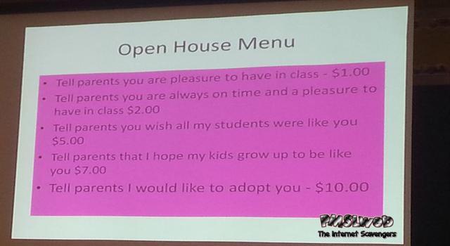Funny teacher’s open house menu @PMSLweb.com