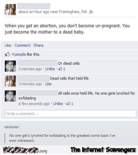 The greatest come back about abortion funny Facebook comment @PMSLweb.com