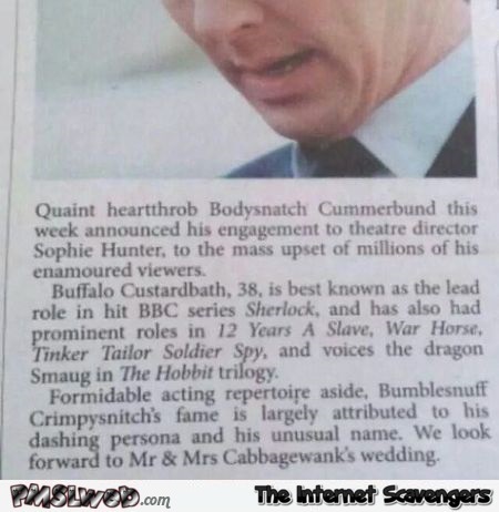Funny benedict Cumberbatch news article @PMSLweb.com