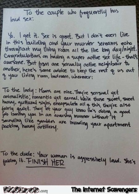 Funny letter to the couple who frequently has loud sex @PMSLweb.com