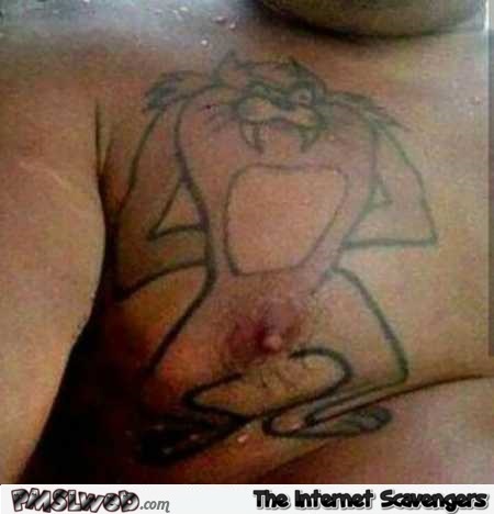 Funny Taz nipple tattoo