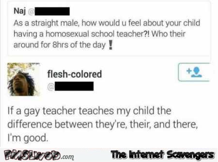 Funny answer to homophobic tweet about gay teacher @PMSLweb.com