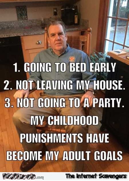 My childhood punishments have become my adult goals funny meme @PMSLweb.com
