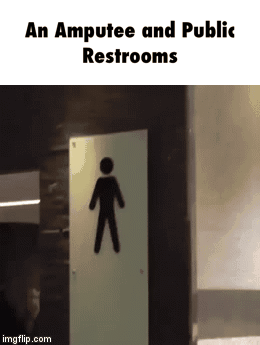 An amputee choosing the correct restroom funny gif @PMSLweb.com