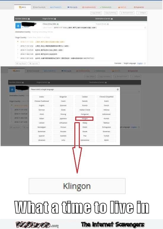 Klingon listed in translation language options humor @PMSLweb.com