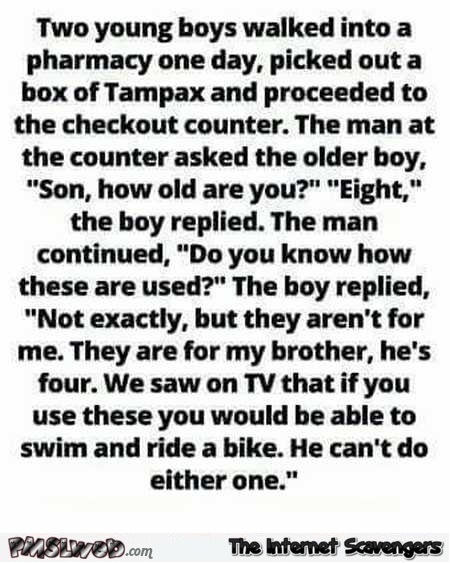 Two young boys buy a box of Tampax funny joke