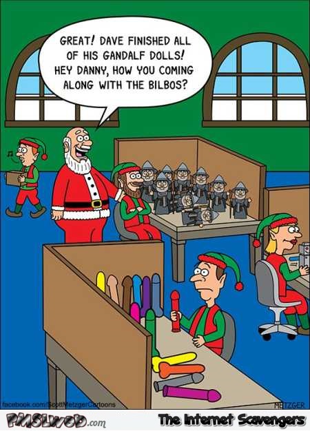 Santa making dildos in his workshop funny cartoon