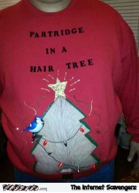 Partridge in a hair tree funny Christmas sweater @PMSLweb.com